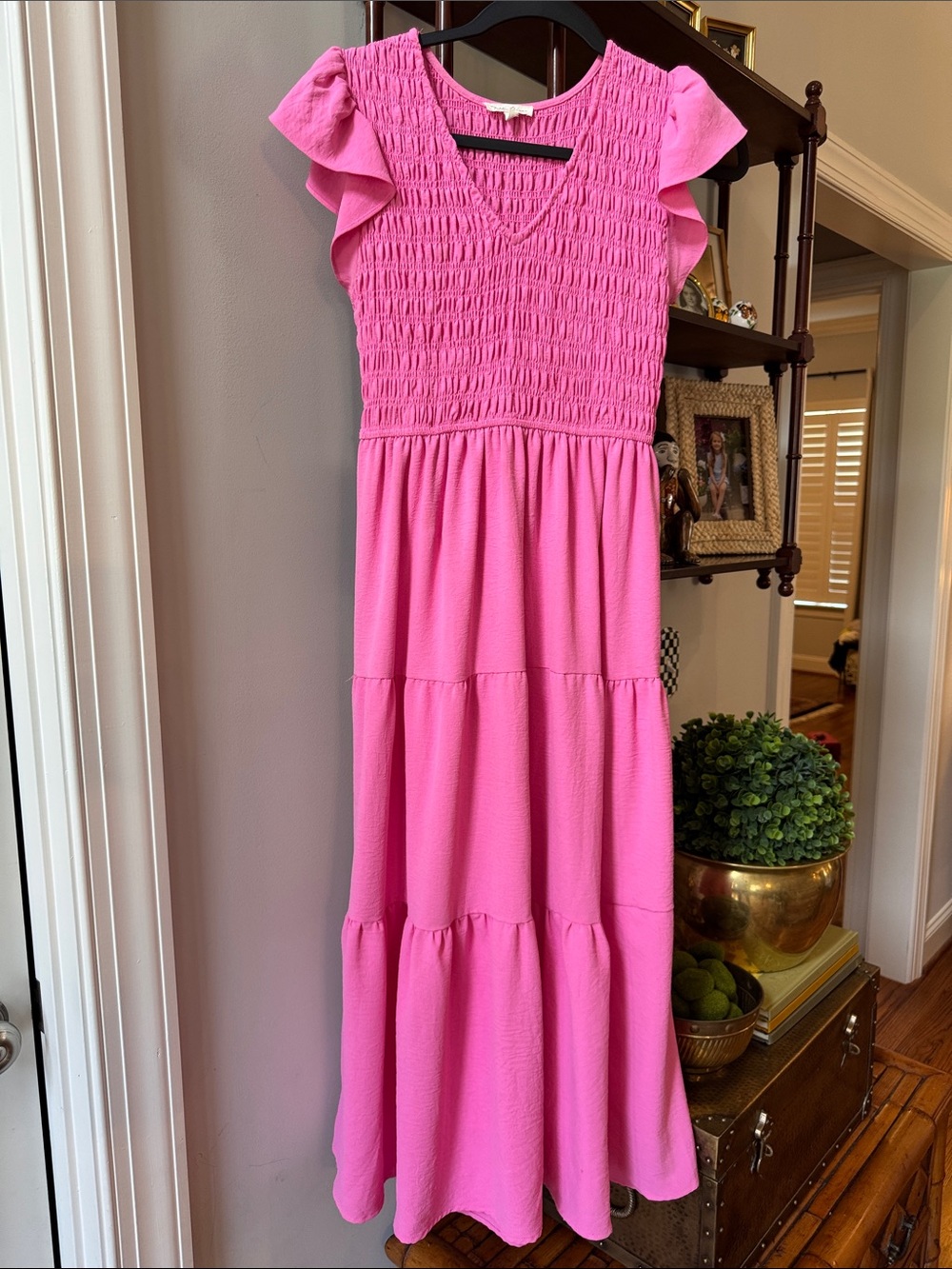 Women’s  Pink Smocked Maxi Dress with Flutter Sleeves